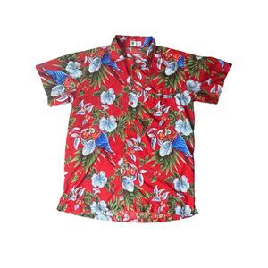 VHO Mens Red Tropical Parrot Hibiscus Hawaiian Vacation Shirt Macaw Print L